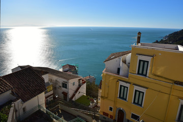 Fototapeta premium Raito, Italy, 12/26/2019. Panoramic view of a village on the Amalfi coast