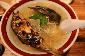 The japanese ramen with a roasted fish