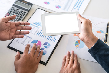 Business team executive presentation on discussion to planning investment financial project and strategy of business making profit conversation with partner