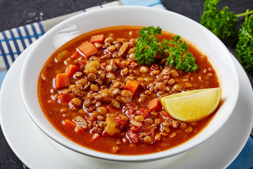 close-up of lentil soup in a white bowl