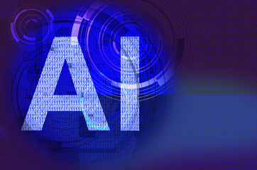 Artificial intelligence or ai made from number binary digit on gradient dark blue background, Artificial intelligence or ai is inside everything concept