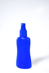 blue plastic bottle with spray nozzle isolated on white background