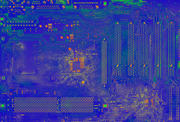 Infrared image of the motherboard. Thermal imaging examination of electronic components