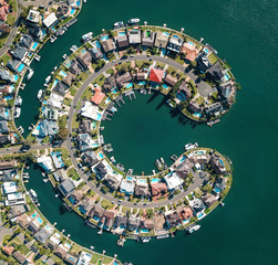 Aerial view of a residental c-shaped island in Sydney, Australia