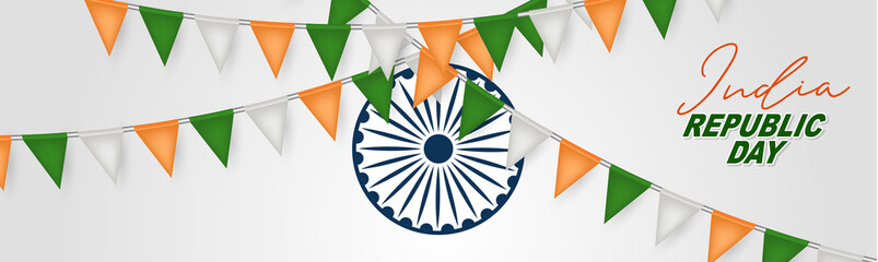 India Republic Day banner or header. National Indian holiday design concept with white, orange, and green flag colors bunting. Vector illustration.