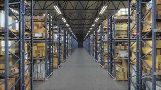 Warehouse interior storage room. Products at the warehouse. Camera move between the rows shelves with cardboard boxes. Logistics center interior full of racks with with large number packs.