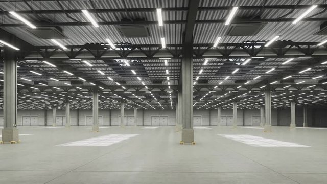 Camera move around empty warehouse hall and lights turned on. Dynamic camera pans empty industrial interior hall storage room with lights. Logistic distribution industrial interior room with gates.