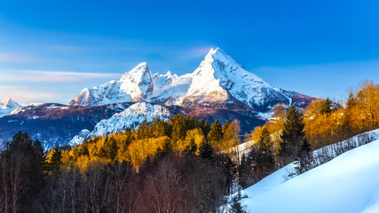 Beautiful view of famous Watzmann mountain peak on a cold sunny day in winter - obrazy, fototapety, plakaty