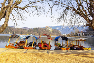 Traditional wooden boats on Lake Bled in Slovenia