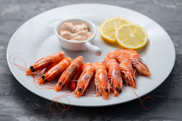 boiled shrimps with lemon and sauce on white dish on ceramic background