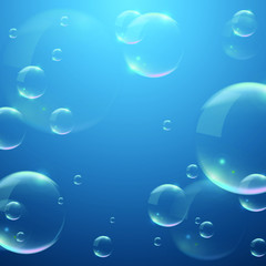 Bubbles on Blue Background . Circle and Liquid , Clear Soapy Shiny , Vector Illustration