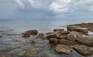 Sea Scape. Cloudy. Day. View. Rocks. Sky