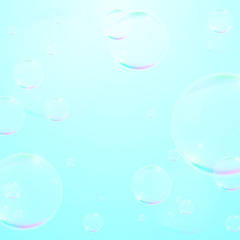 Bubbles on Blue Background . Circle and Liquid , Clear Soapy Shiny , Vector Illustration