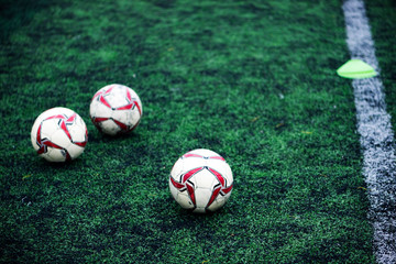 Fototapeta na wymiar Training Balls in green soccer field