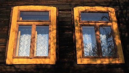 Two yellow coloured wooden antique window frames on historical blockhouse building in northern Slovakia, morning sunshine.