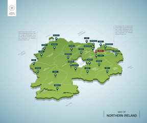 Stylized map of Northern Ireland. Isometric 3D green map with cities, borders, capital Belfast, regions. Vector illustration. Editable layers clearly labeled. English language.