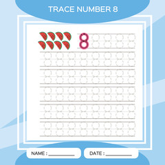 Trace number 8. Eight. Children educational game. Kids learning material. Activity For Early Years. Preschool worksheet for practicing fine motor skills. Blue. Watermelon.