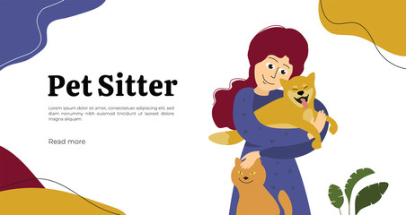 Design for pet sitter or care service, vet clinic, medicine, veterinary hospital. Vector illustration of cute girl hugging dog and stroking cat. Template for banner, leaflet, brochure, flyer, layout.