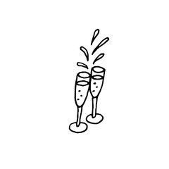 two glasses of champagne, hand drawn, isolated on white background. Doodle vector illustration.