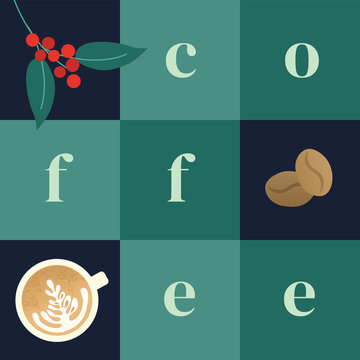 Vector illustration with cup of cappuccino, inscription coffee, beans and branch with leaves. Square style background for specialty coffee house, shop or package. Template for poster, brochure, flyer.