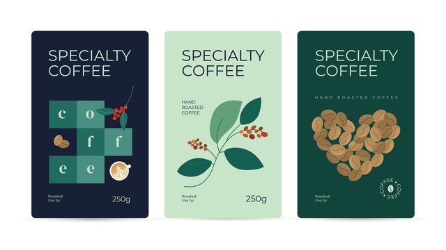 Specialty coffee packaging design concept. Set of labels for hand roasted beans. Vector illustrations with cappuccino, branch of plant and heart shaped coffee beans. Mockup for pack, ad, presentation.