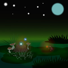 A cockroach and a firefly found a star falling from the sky in a swamp. vector illustration