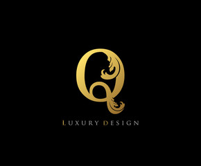 Golden Letter Q Logo Icon . Initial Letter Q Design Vector Luxury Gold Color.Print monogram initials stamp line art sign symbol.