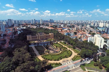Aerial view of public Brazil's independence park and monument. Ipiranga, São Paulo, Brazil. Landmark of th city. Tourism point.