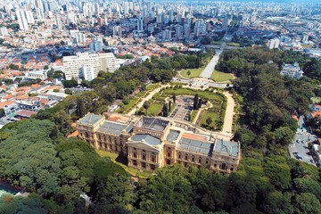 Aerial view of public Brazil's independence park and monument. Ipiranga, São Paulo, Brazil....
