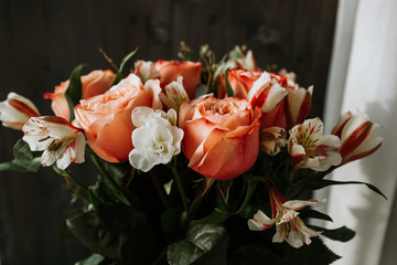  large luxurious bouquet of peony roses of coral color with white freesia in noir style on a dark background. dark romance