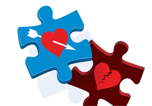 Concept des sentiments amoureux avec une pièce de puzzle portant un cœur percé d’une flèche qui va prendre la place d’un cœur briser.