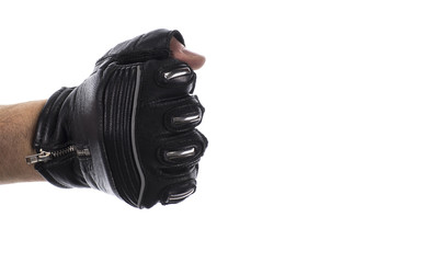 hand in black leather glove isolated on white background