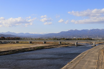Karasu River and Mount Haruna in Takasaki city, Gunma, Japan