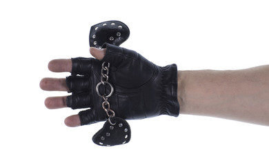 hand in black leather glove isolated on white background