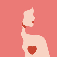 Silhouette woman with love in her heart. Girl with long pink hair and red lips in profile view. Self-care and body-positive concept. St Valentine's day card. - 313865606