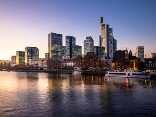 Skyline of Frankfurt at dusk , , Frankfurt, Hesse, Germany