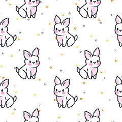 Obraz premium Cute seamless pattern with rabbits. Easter bunnies. Summer rabbits. Gold stars.