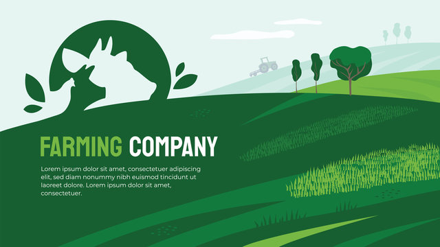 Vector illustration of agriculture with farm animals icon. Design for farming company with agricultural field and tractor. Logo with cow, pig and chicken. Template for banner, print, flyer, layout, ad