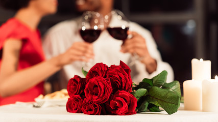 Unrecognizable Couple Clinking Glasses Celebrating Valentine's Day In Restaurant, Panorama