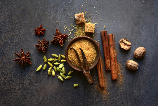 Variety of winter spices. Top view with copy space.