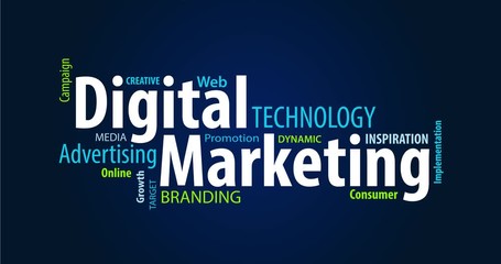 Animated Digital Marketing Word Cloud on a Blue Background