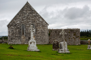 The monastery of Clonmacnoise ruin in Ireland