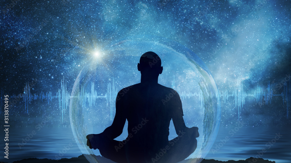 Wall mural yoga cosmic space meditation illustration, silhouette of man practicing outdoors at night