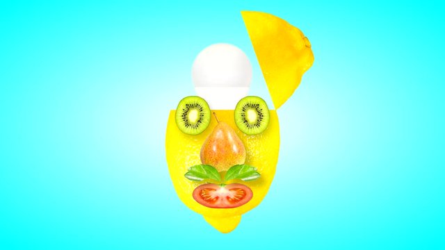 Looping animated video of a head made of fruit with moving parts of the face on a blue gradient background with alpha channel. The brightness of the mask to trim the background when editing video.