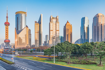 Central streets of Shanghai city in the morning. China.