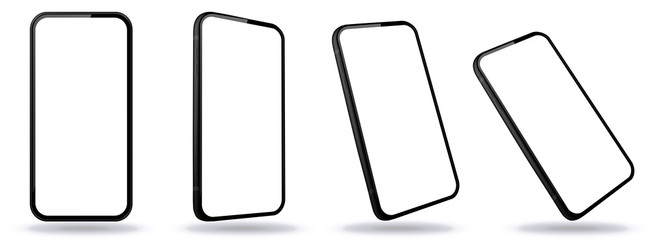 Mobile Phone Vector Illustrations From Different Angles and Perspectives with Frameless White Screen - obrazy, fototapety, plakaty