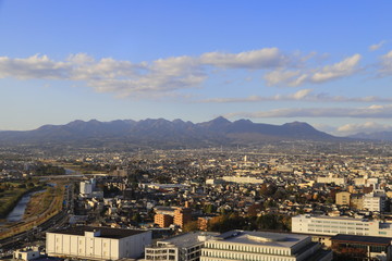 Aerial view of Takasaki city and Akagi Akagi, Gunma, Japan