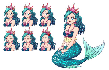Obraz na płótnie Canvas Illustration of anime mermaid and her expressions set. Cyan fish tail, cyan hair and cute big blue eyes. Hand drawn vector illustration.