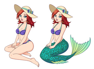 Pretty cartoon girl with red hair wearing bikini and summer hat. Human and mermaid version.