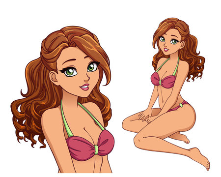 Pretty cartoon girl with curly hair wearing pink swimsuit. Brown hair, big green eyes. Hand draw vector illustration.